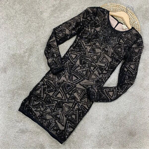 NWT Tea & Cup Los Angeles Bodycon Sequined Cocktail Dress Longsleeve in Black M
